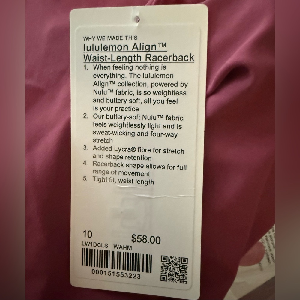 Lululemon Align Waist Length Racerback. New With Tags. Washed Mauve. Size 10. - Picture 4 of 6